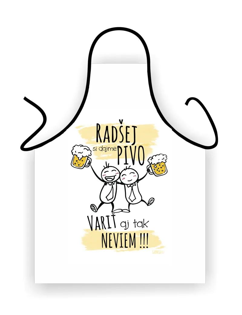 Vtipná biela zástera s dvoma kamarátmi a pivnými krígľami Biela zástera Radšej si dajme pivo, variť aj tak neviem Zástera - Radšej si dajme Pivo