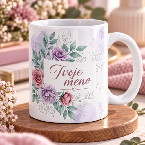 hrncek-s-menom-a-monogramom-kvetinove-motivy Biely keramický hrnček s motívom fialových a púdrových ruží s vlastným menom a monogramom