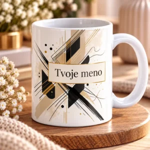 Biely keramický hrnček s luxusným čierno-zlatým geometrickým motívom Art Deco a vlastným menom