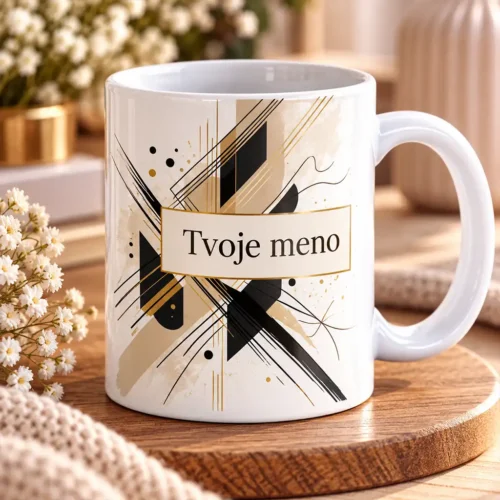 elegantny-geometricky-hrncek-s-menom-a-monogramom Biely keramický hrnček s luxusným čierno-zlatým geometrickým motívom Art Deco a vlastným menom