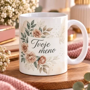 Biely keramický hrnček s motívom béžových a cappuccino ruží s vlastným menom a monogramom