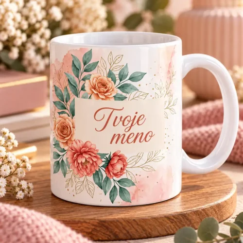 hrncek-s-menom-a-monogramom-ruze Biely keramický hrnček s motívom fialových a púdrových ruží s vlastným menom a monogramom