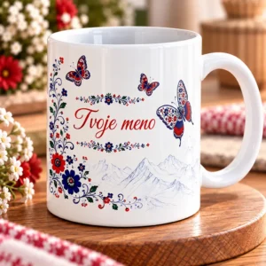 Biely keramický hrnček so slovenským ľudovým motívom, ornamentálnymi motýľmi, siluetou hôr a vlastným menom