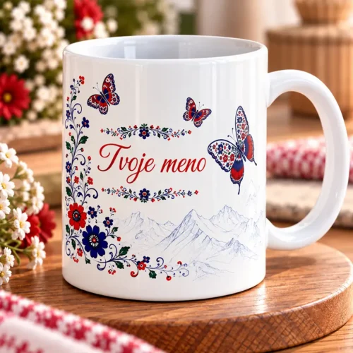 ludovy-hrncek-s-menom-a-monogramom-motyle Biely keramický hrnček so slovenským ľudovým motívom, ornamentálnymi motýľmi, siluetou hôr a vlastným menom