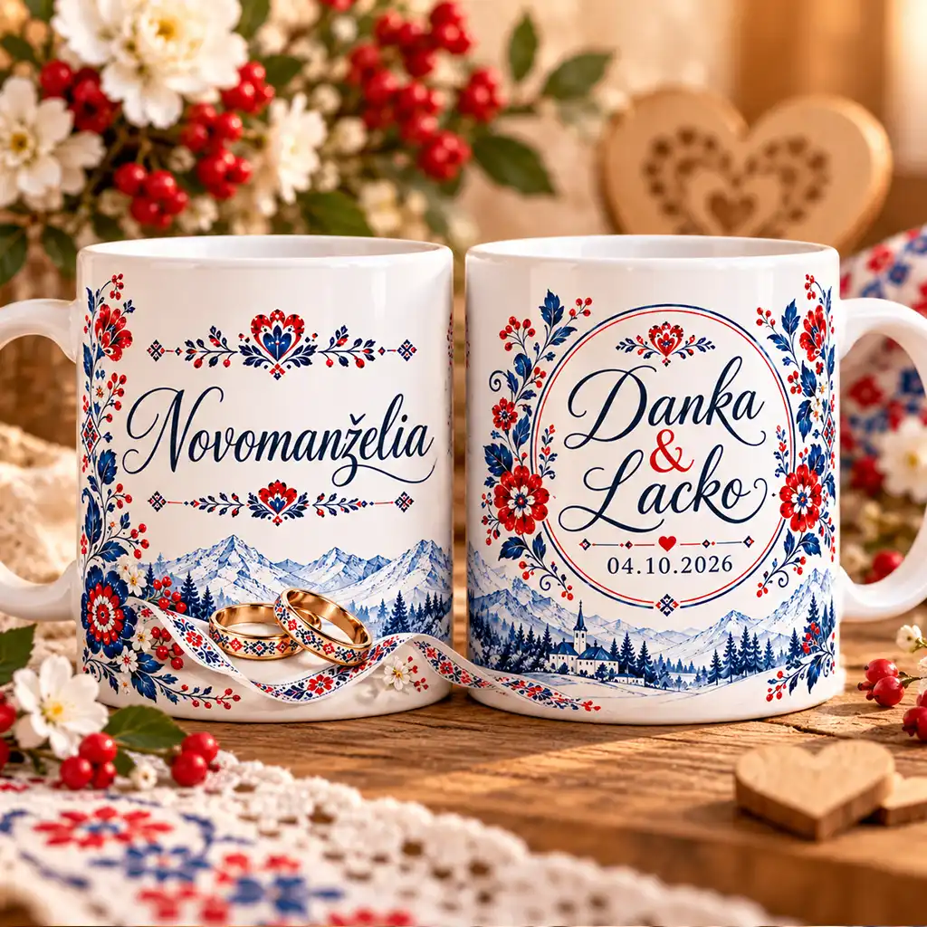 Ľudový svadobný hrnček s menami a dátumom – Slovenský motív – Obrázok 2