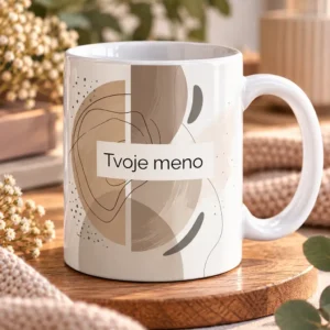 Biely keramický hrnček s moderným abstraktným geometrickým motívom v zemitých tónoch a vlastným menom