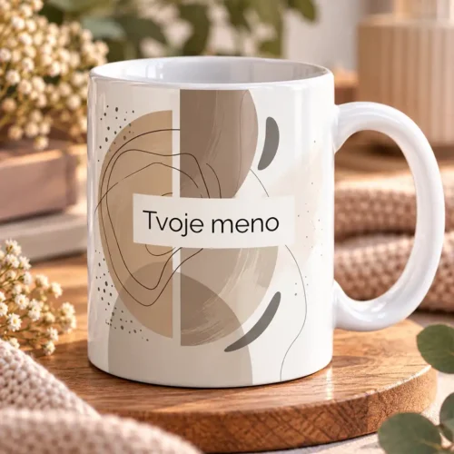 minimalisticky-abstraktny-hrncek-s-menom-a-monogramom Biely keramický hrnček s moderným abstraktným geometrickým motívom v zemitých tónoch a vlastným menom