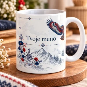 Biely keramický hrnček so slovenským ľudovým motívom, horskými štítmi, letiacim orlom a vlastným menom