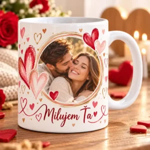 Biely romantický keramický hrnček s fotkou zamilovaného páru v kruhovom ráme s nápisom Milujem Ťa a červenými srdiečkami