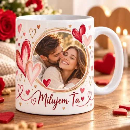 romanticky-hrncek-s-fotkou-milujem-ta-lawli Biely romantický keramický hrnček s fotkou zamilovaného páru v kruhovom ráme s nápisom Milujem Ťa a červenými srdiečkami